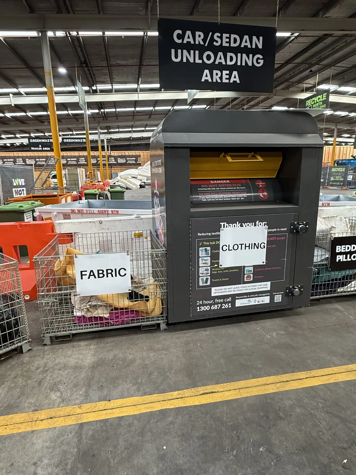 Fabric cage and clothing donation bin in the car and sedan unloading area