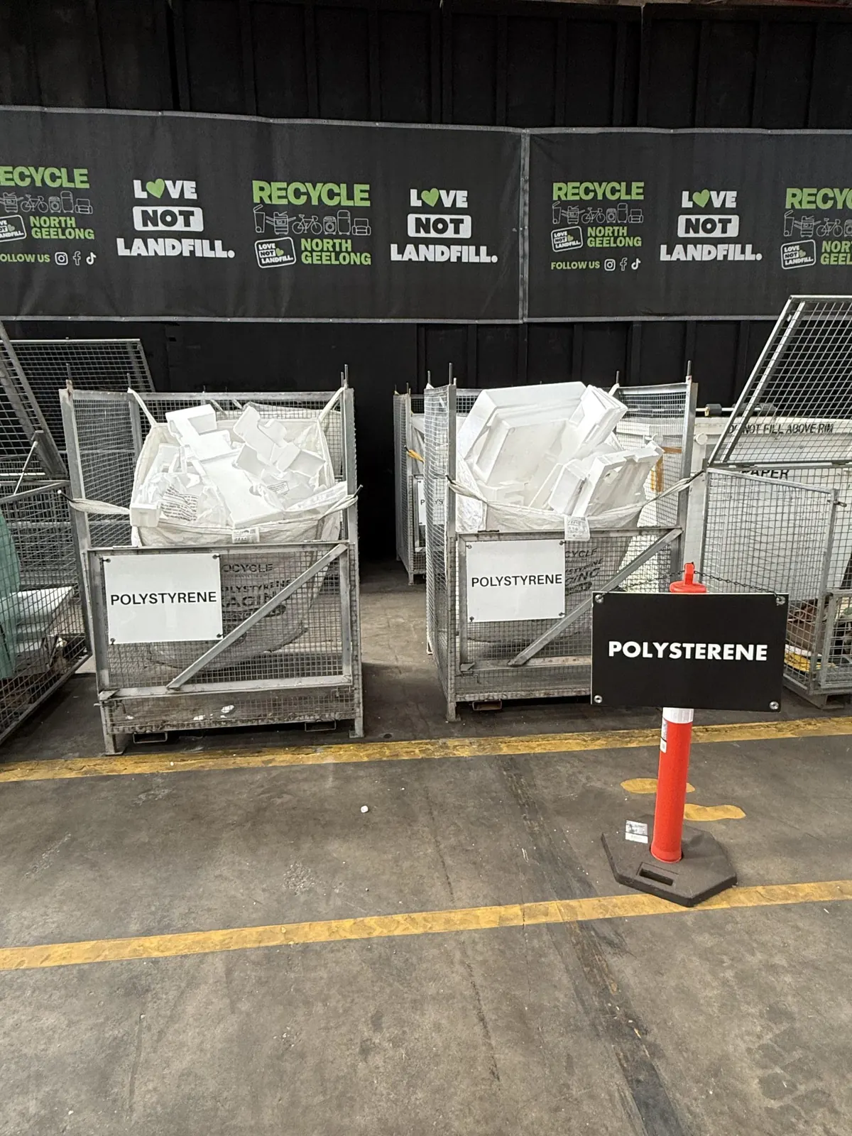 Cages of clean polystyrene packaging